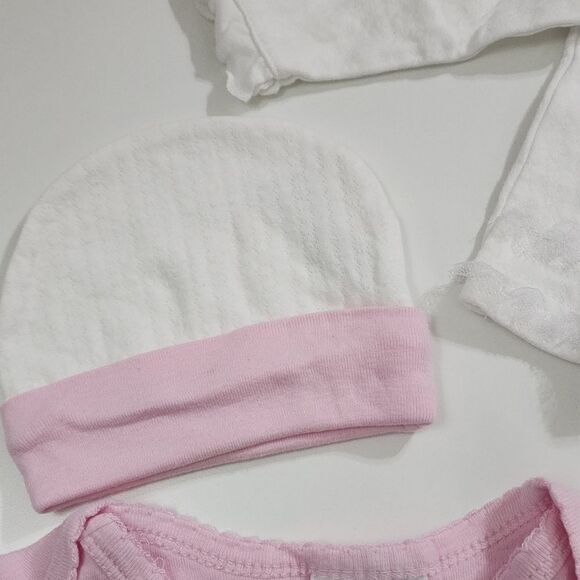 Baby Girls 4 Piece Embroidered Floral & Textured Pink & White Outfit Set 6-9m - Picture 3 of 7